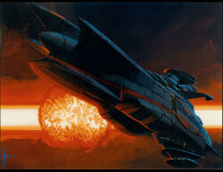 Rule 34 | backlighting, concept art, explosion, flying, mecha focus, no humans, science fiction, signature, space, spacecraft, syd mead, third-party source, traditional media, yamato2520, yamato (uchuu senkan yamato)