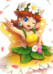 Rule 34 | 1girl, alternate costume, arm up, bad id, bad twitter id, blue eyes, blush, breasts, brown hair, collarbone, dress, earrings, fairy wings, female focus, flower, gonzarez, hand on own hip, happy, head wreath, highres, jewelry, leaf, leg up, light blush, long hair, looking at viewer, mario (series), mario kart, mario kart tour, nintendo, one eye closed, open mouth, petals, pink flower, pointing, princess daisy, princess daisy (fairy), simple background, sleeveless, sleeveless dress, small breasts, smile, solo, standing, standing on one leg, super mario land, white background, white flower, wings, wink, yellow dress