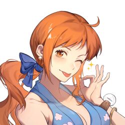 Rule 34 | 1girl, bare shoulders, blue kimono, blue ribbon, earrings, highres, japanese clothes, jewelry, kimono, log pose, looking at viewer, low ponytail, nami (one piece), nami (one piece) (wano), ok sign, one eye closed, one piece, orange hair, pearl earrings, ponytail, ribbon, sidelocks, simple background, sleeveless, solo, sparkle, tongue, tongue out, white background, xuchuan