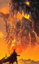Rule 34 | 1other, anato finnstark, cape, crown, from behind, giant, giant monster, highres, holding, holding sword, holding weapon, lava, monster, orange theme, original, sword, weapon, wide shot