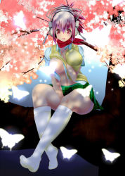 Rule 34 | 10s, 1girl, alternate hairstyle, asuka (senran kagura), bad id, bad pixiv id, blush, breast slip, breasts, bug, butterfly, censored, cherry blossoms, cosplay, headphones, highres, insect, kneehighs, large breasts, long hair, looking at viewer, midriff, navel, nitroplus, one breast out, ono kono to, open mouth, pink hair, red eyes, school uniform, senran kagura, skirt, socks, solo, super sonico, white socks