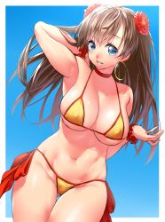 Rule 34 | 1girl, adapted costume, arm up, bikini, blue eyes, breasts, brown hair, cleavage, commentary request, earrings, fate/grand order, fate (series), flower, gluteal fold, hair flower, hair ornament, hoop earrings, jewelry, large breasts, lips, long hair, looking at viewer, mata hari (fate), navel, onsoku inu, orange bikini, parted lips, scrunchie, smile, solo, swimsuit, thigh gap, thighs