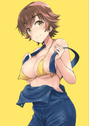 Rule 34 | 1girl, bare arms, bare shoulders, bikini, bikini top only, blush, breasts, brown hair, collarbone, commentary request, cowboy shot, denim, holding, honda mio, idolmaster, idolmaster cinderella girls, large breasts, looking at viewer, overalls, shiroyukimajima, short hair, simple background, smile, solo, swimsuit, yellow background, yellow bikini, yellow eyes