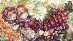 Rule 34 | 2girls, :d, aki minoriko, aki shizuha, artist name, autumn leaves, bad id, bad pixiv id, barefoot, blonde hair, brown footwear, buttons, choker, closed mouth, collared shirt, commentary request, cross-laced footwear, fingernails, food, frilled sleeves, frills, fruit, grapes, hair ornament, hat, highres, hug, hug from behind, leaf, leaf hair ornament, long sleeves, looking at another, looking at viewer, maple leaf, mob cap, multiple girls, nagayo, open mouth, red eyes, red hat, red shirt, red skirt, ribbon choker, shirt, shoes, short hair, siblings, sisters, skirt, skirt set, smile, socks, toenails, toes, touhou, wide sleeves