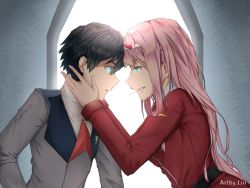 Rule 34 | 10s, 1boy, 1girl, artzlin, black hair, blue eyes, blue horns, couple, darling in the franxx, face-to-face, facing another, forehead-to-forehead, fringe trim, green eyes, hair ornament, hairband, hands on another&#039;s face, heads together, hetero, highres, hiro (darling in the franxx), horns, in mouth, long hair, long sleeves, looking at another, military, military uniform, necktie, oni horns, pink hair, red horns, red neckwear, short hair, signature, uniform, white hairband, zero two (darling in the franxx)