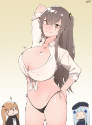 Rule 34 | 1girl, :3, alternate breast size, arm behind head, arm up, artist name, beret, black panties, blue hair, boca, breasts, brown eyes, brown hair, commentary request, covered erect nipples, face of the people who sank all their money into the fx (meme), girls&#039; frontline, gradient background, hand on own hip, hat, highres, hk416 (girls&#039; frontline), large breasts, long hair, meme, panties, shirt, side-tie panties, signature, smile, smug, thighs, tied shirt, twintails, ump45 (girls&#039; frontline), ump9 (girls&#039; frontline), underwear, yellow background