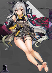 Rule 34 | 1girl, absurdres, ankle strap, arknights, arm support, bare legs, bare shoulders, barefoot, between legs, black gloves, breasts, detached sleeves, dress, feet, gloves, grey background, grey dress, hair ornament, hairband, highres, hood, hood down, long hair, long sleeves, looking at viewer, panties, panty peek, red eyes, rhodes island logo (arknights), see-through, short dress, silver hair, single glove, sitting, skindentation, small breasts, solo, thigh strap, thighs, toes, underwear, very long hair, weedy (arknights), x hair ornament, xo (xo17800108)