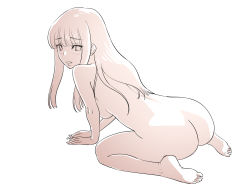 Rule 34 | 1girl, all fours, ass, blunt bangs, blush, breasts, highres, light smile, long hair, looking at viewer, looking back, medium breasts, monochrome, nude, open mouth, original, sidelocks, simple background, soles, solo, straight hair, tadano akira, tsurime
