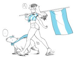 Rule 34 | 1girl, 1other, 2022, 2022 fifa world cup, animal, animal ears, argentina, argentinian flag, argentinian flag print, bare legs, belly, blush, breasts, capybara, cheering, curvy, dated, disgust, earrings, fingernails, flag print, full body, happy, headband, highres, jewelry, large breasts, long hair, looking to the side, monochrome, musical note, serious, short shorts, shorts, sidney (zeshgolden), simple background, soccer uniform, sportswear, sweat, very long hair, walking, wide hips, world cup, zeshgolden