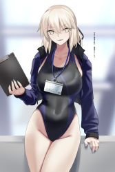 Rule 34 | 1girl, artoria pendragon (all), artoria pendragon (fate), black jacket, black one-piece swimsuit, blonde hair, blush, breasts, clipboard, collarbone, competition swimsuit, covered navel, fate/stay night, fate (series), gachou, highleg, highleg swimsuit, highres, jacket, large breasts, long hair, long sleeves, looking at viewer, low ponytail, one-piece swimsuit, open clothes, open jacket, open mouth, saber alter, smile, solo, swimsuit, thighs, translation request, yellow eyes