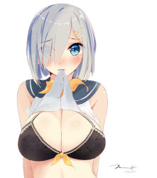 Rule 34 | 10s, 1girl, bad id, bad pixiv id, black bra, blue eyes, bow, bow bra, bra, breasts, cleavage, clothes lift, dress shirt, eyebrows, eyes visible through hair, hair ornament, hair over one eye, hairclip, hamakaze (kancolle), kantai collection, lace, lace bra, large breasts, looking at viewer, mouth hold, ribbon, school uniform, serafuku, shirt, shirt lift, short hair, silver hair, simple background, sleeveless, solo, tebi (tbd11), unbuttoned, underwear, upper body, white background, yellow ribbon