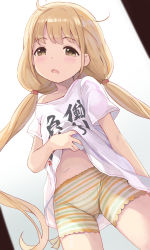 Rule 34 | 1girl, blonde hair, dutch angle, futaba anzu, highres, hiroki (yyqw7151), idolmaster, idolmaster cinderella girls, long hair, looking at viewer, low twintails, navel, open mouth, oversized clothes, shirt, shorts, solo, striped clothes, striped shorts, t-shirt, twintails, very long hair, yellow eyes, you work you lose