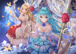 Rule 34 | 2girls, :d, ahoge, aqua hair, artemia (king&#039;s raid), bare shoulders, bed, blonde hair, blue dress, blue eyes, blue flower, breasts, bug, butterfly, chibi vanille, cleavage, closed mouth, collarbone, commentary, criss-cross halter, dragon girl, dragon horns, dress, elbow gloves, flower, full moon, gloves, halterneck, high heels, highres, horns, bug, king&#039;s raid, laias (king&#039;s raid), large breasts, layered dress, long hair, looking at viewer, moon, multiple girls, nail polish, open mouth, petals, pointy ears, red flower, rose, sidelocks, sitting, smile, tiara, very long hair, white dress, white footwear, white gloves