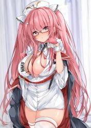 Rule 34 | 1girl, azur lane, blush, breasts, center opening, choker, cowboy shot, curtains, glasses, gloves, hair between breasts, hair ornament, half gloves, hat, highres, id card, jacket, large breasts, long hair, looking at viewer, mutou mame, nurse, nurse cap, off shoulder, open mouth, perseus (azur lane), perseus (unfamiliar duties) (azur lane), pink eyes, pink gloves, pink hair, semi-rimless eyewear, shirt, skindentation, solo, thighhighs, thighs, twintails, unbuttoned, unbuttoned shirt, very long hair, white hat, white shirt, white thighhighs