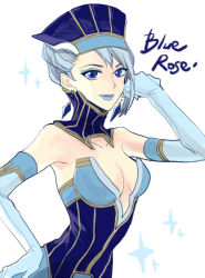 Rule 34 | 10s, 1girl, arm up, bare shoulders, blue eyes, blue hair, blue rose (tiger &amp; bunny), breasts, character name, cleavage, dabih, earrings, elbow gloves, gloves, hat, jewelry, karina lyle, lipstick, makeup, matching hair/eyes, short hair, solo, superhero costume, tiger &amp; bunny