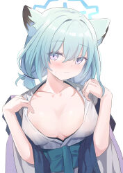 Rule 34 | 1girl, absurdres, animal ears, bath yukata, blue archive, blue halo, blush, breasts, breasts apart, chun jiang, closed mouth, collarbone, green hair, hair between eyes, halo, highres, japanese clothes, kimono, large breasts, looking at viewer, obi, official alternate costume, pink eyes, sash, shigure (blue archive), shigure (hot spring) (blue archive), short hair, simple background, solo, upper body, weasel ears, white background, white kimono, wide sleeves, yukata