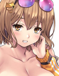 1girl :d anis_(nikke) anis_(sparkling_summer)_(nikke) breasts brown_eyes brown_hair cleavage close-up eyewear_on_head goddess_of_victory:_nikke grin jacket large_breasts long_sleeves mizuhara_yuu open_mouth orange_jacket short_hair simple_background smile solo teeth white_background