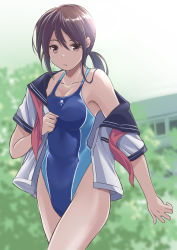 Rule 34 | 1girl, black hair, blue sailor collar, blue one-piece swimsuit, blurry, blurry background, breasts, brown eyes, building, company connection, competition swimsuit, cowboy shot, highleg, highleg swimsuit, highres, long hair, low ponytail, medium breasts, neckerchief, nikulas cage, no pants, one-piece swimsuit, open clothes, open shirt, original, red neckerchief, sailor collar, sailor shirt, school uniform, serafuku, shirt, solo, swimsuit, swimsuit under clothes, undressing, upper body