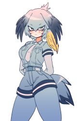 Rule 34 | 1girl, arms behind back, belt, black hair, blush, bodysuit, breasts, closed mouth, collared shirt, commentary, english commentary, expressionless, green eyes, grey bodysuit, grey hair, grey shirt, hair between eyes, head wings, highres, kemono friends, large breasts, looking at viewer, lyn mametchi, medium hair, multicolored hair, necktie, shirt, shoebill (kemono friends), short sleeves, shorts, sidelocks, simple background, solo, tail, white background, white belt, white necktie, wings