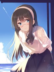 Rule 34 | 10s, 1girl, alternate costume, black hair, blouse, blue eyes, cloud, day, glasses, gradient background, hairband, kantai collection, komi zumiko, leaning forward, long hair, looking at viewer, ocean, ooyodo (kancolle), shirt, skirt, sky, smile, solo