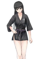 Rule 34 | 1girl, absurdres, amagami, ayatsuji tsukasa, bare legs, black hair, black kimono, breasts, brown eyes, cleavage, closed mouth, collarbone, gyuunyuu pack (tanaka), hair between eyes, hand on own hip, highres, japanese clothes, kimono, long hair, looking at viewer, short kimono, simple background, small breasts, smile, solo, standing, straight hair, thigh gap, very long hair, white background