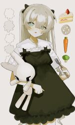 Rule 34 | 1girl, black bow, blonde hair, bow, broccoli, cake, cake slice, carrot, cowboy shot, dress, food, fork, green eyes, hair bow, highres, hiro 016016, holding, holding fork, holding stuffed toy, long bangs, long hair, looking at viewer, lotus root, original, short sleeves, solo, standing, strawberry cake, stuffed animal, stuffed rabbit, stuffed toy