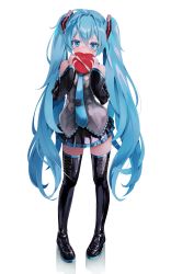 Rule 34 | 1girl, absurdres, bare shoulders, black footwear, black skirt, blue eyes, blue hair, blue necktie, blush, boots, box, box of chocolates, commentary, covering own mouth, detached sleeves, flipped hair, full body, gradient background, grey background, grey shirt, hair between eyes, hair ornament, hatsune miku, heart-shaped box, high heel boots, high heels, highres, lace, lace-trimmed shirt, lace trim, long hair, long sleeves, looking at viewer, miniskirt, necktie, neon trim, pleated skirt, revision, shirt, sidelocks, simple background, skirt, sleeveless, solo, standing, takepon1123, thigh boots, thighhighs, twintails, valentine, very long hair, vocaloid, white background, zettai ryouiki