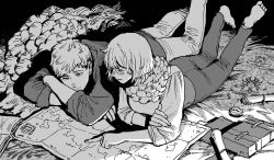 Rule 34 | 1boy, 1girl, abaraya, barefoot, brother and sister, closed eyes, compass, dungeon meshi, falin touden, greyscale, laios touden, long sleeves, lying, map, monochrome, on stomach, pants, scroll, short hair, siblings
