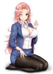 Rule 34 | 1girl, ;d, absurdres, belt, black pantyhose, blazer, blue jacket, blue skirt, bracelet, breasts, brown eyes, buttons, cleavage, collarbone, collared shirt, covered erect nipples, dress shirt, eyelashes, fine fabric emphasis, full body, hamakawa ayuna, hand up, highres, idolmaster, idolmaster cinderella girls, jacket, jewelry, large breasts, long hair, long sleeves, looking at viewer, miniskirt, nail polish, necklace, no shoes, office lady, one eye closed, open clothes, open jacket, open mouth, otone, pantyhose, parted bangs, partially unbuttoned, pencil skirt, pink hair, pink nails, seiza, shadow, shirt, shirt tucked in, simple background, sitting, skirt, sleeves rolled up, smile, solo, striped clothes, striped jacket, striped skirt, white background, white shirt, wing collar