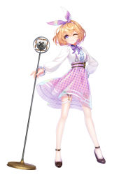 Rule 34 | 1girl, ;3, absurdres, ankle strap, black footwear, bob cut, cross-shaped pupils, frilled shirt, frilled sleeves, frilled thighhighs, frills, full body, gears, gradient eyes, grid, hair ribbon, hand on own hip, high heels, highres, holding, holding microphone stand, kino (nebula beat), legwear garter, long sleeves, looking at viewer, microphone stand, multicolored eyes, nebula beat, neck ribbon, official art, one eye closed, orange hair, puffy long sleeves, puffy sleeves, purple eyes, purple ribbon, purple skirt, ribbon, see-through, see-through skirt, shirt, short hair, skirt, solo, sparkling eyes, standing, suspender skirt, suspenders, symbol-shaped pupils, thighhighs, virtual youtuber, white background, white shirt, white thighhighs, zettai ryouiki