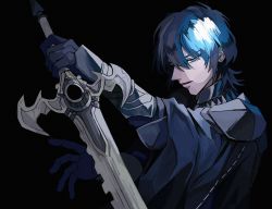 Rule 34 | 1boy, 6 obk , armor, black background, black cape, black gloves, blue eyes, blue hair, byleth (fire emblem), byleth (male) (fire emblem), cape, closed mouth, fire emblem, fire emblem: three houses, gloves, heroes relic (fire emblem), highres, holding, holding sword, holding weapon, male focus, nintendo, short hair, simple background, solo, sword, sword of the creator, weapon