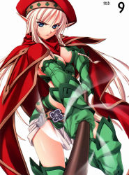 Rule 34 | 00s, 1girl, alleyne (queen&#039;s blade), alleyne (queen's blade), beret, blonde hair, blue eyes, boots, braid, breasts, cape, cleavage, elbow gloves, elf, fighting master alleyne, gloves, hat, highres, long hair, matsuryuu, midriff, pointy ears, polearm, queen&#039;s blade, side braid, solo, thigh boots, thighhighs, weapon