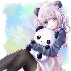 1girl :3 animal_ears bear_ears blue_eyes dress flower grey_hair hair_flower hair_ornament highres holding holding_stuffed_toy knees_up long_hair long_sleeves looking_at_viewer original sailor_collar sailor_dress sitting smile solo stuffed_animal stuffed_panda stuffed_toy temari_latte thighhighs