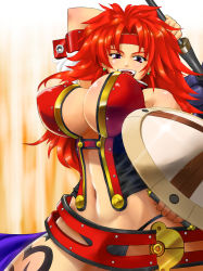 Rule 34 | 1girl, bouncing breasts, breasts, large breasts, long hair, open mouth, queen&#039;s blade, red hair, risty (queen&#039;s blade), shield, smile, solo, sword, tattoo, weapon, yatagarasu tosaru