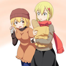 Rule 34 | 2girls, :d, aki minoriko, aki shizuha, alternate costume, apple, baguette, beanie, blonde hair, bread, breasts, cato (monocatienus), contemporary, denim, dress, food, fruit, gradient background, groceries, hair ornament, hairclip, hat, jeans, large breasts, layered clothes, leaf hair ornament, long skirt, long sleeves, looking at another, multiple girls, open mouth, orange shirt, pants, red eyes, roasted sweet potato, scarf, shirt, short hair, siblings, sisters, skirt, smile, sweater, sweet potato, touhou, yellow eyes
