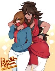 Rule 34 | 2girls, agawa ryou, artist name, blush, breasts, brown hair, curvy, dark-skinned female, dark skin, fangs, green eyes, grin, hand in pocket, hand on own hip, height difference, highres, large breasts, long hair, multiple girls, orange eyes, original, scarf, smile, standing, teeth, thick thighs, thighs, watermark, web address, wide hips, wristband