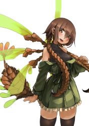Rule 34 | 159cm, 1girl, :d, anomalocaris, antennae, black sweater, brown eyes, brown hair, brown thighhighs, coat, green coat, head tilt, insect wings, long sleeves, looking at viewer, multiple wings, off shoulder, open mouth, original, personification, ribbed sweater, sharp teeth, simple background, smile, solo, standing, sweater, tail, teeth, thighhighs, viria (159cm), white background, wings