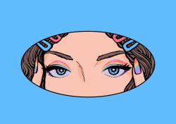 Rule 34 | 1girl, blue border, blue eyes, border, brown hair, eyeshadow, hair ornament, hairclip, highres, makeup, minillustration, nail polish, original, oval, rainbow order, solo