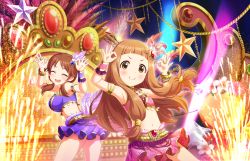 Rule 34 | 10s, 2girls, ^ ^, armpits, arms up, artist request, blunt bangs, blush, breasts, brown eyes, brown hair, child, closed eyes, dancing, feathers, gem, hair ornament, ichihara nina, idolmaster, idolmaster cinderella girls, idolmaster cinderella girls starlight stage, jewelry, katagiri sanae, large breasts, long hair, looking at viewer, low twintails, multiple girls, navel, official art, open mouth, skirt, smile, twintails