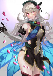 Rule 34 | 1girl, absurdres, blush, breasts, butterfly hair ornament, cape, collar, corrin (female) (fire emblem), corrin (female) (resplendent) (fire emblem), corrin (fire emblem), fire emblem, fire emblem fates, fire emblem heroes, flower, gloves, grey hair, hair between eyes, hair ornament, hairband, highres, long hair, medium breasts, navel, nintendo, official alternate costume, panty straps, plant, pointy ears, red eyes, red flower, red rose, rose, see-through, smile, solo, thorns, tyotto ko i