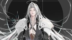 Rule 34 | 1boy, armor, belt, black background, black jacket, black sleeves, chest harness, final fantasy, final fantasy vii, grey hair, halo, harness, high collar, highres, jacket, long hair, long sleeves, male focus, open clothes, open jacket, pauldrons, sephiroth, shoulder armor, solo, zzchen22