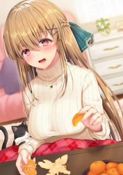 Rule 34 | 1girl, :d, absurdres, animal, bed, blurry, blurry background, blush, braid, breasts, brown hair, carpet, cat, commentary request, day, food, french braid, fruit, hair between eyes, hair ornament, hairclip, highres, indoors, kotatsu, large breasts, long hair, long sleeves, mandarin orange, navy (navy.blue), open mouth, original, peeling, plant, plate, red eyes, ribbed sweater, sitting, smile, solo, sweater, table, tareme, turtleneck, turtleneck sweater, under kotatsu, under table, white sweater