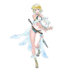 Rule 34 | 1girl, bikini, blonde hair, blue eyes, blue hair, breasts, cleavage, earrings, fire emblem, fire emblem heroes, fjorm (fire emblem), full body, gradient hair, hair ornament, jewelry, looking at viewer, medium breasts, multicolored hair, nintendo, non-web source, official alternate costume, official art, open mouth, short hair, simple background, smile, solo, swimsuit, tagme