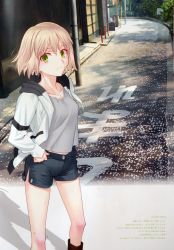 Rule 34 | 1girl, absurdres, blonde hair, boots, building, cherry blossoms, cross, eyeshadow, flat chest, green eyes, hand on own hip, highres, hood, hoodie, jacket, jewelry, kyoto, legs, makeup, necklace, open clothes, open jacket, original, outdoors, photo background, road, scan, shadow, short hair, short shorts, shorts, smile, solo, standing, street, takeuchi takashi, unzipped