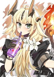 Rule 34 | 1girl, absurdres, ahoge, arknights, black gloves, blonde hair, commentary request, cup, disposable cup, dress, drinking, drinking straw, flame-tipped tail, flower, gloves, green eyes, grimace shake (meme), hair flower, hair ornament, highres, holding, holding cup, horns, long hair, looking at viewer, mcdonald&#039;s, meme, reed (arknights), reed the flame shadow (arknights), short sleeves, sleepyowl (jobkung15), solo, upper body, very long hair, white dress, white flower