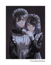 Rule 34 | 2girls, absurdres, alternate costume, apron, arms around neck, behind another, black background, black dress, black hair, blue hair, blunt bangs, border, chinese commentary, colored inner hair, commentary request, dress, enmaided, harusaruhi, highres, kamitsubaki studio, koko (kamitsubaki studio), leaning on person, long hair, long sleeves, looking at viewer, maid, maid apron, maid headdress, multicolored hair, multiple girls, neck ribbon, orange eyes, purple eyes, purple hair, red hair, red ribbon, ribbon, sleeve cuffs, streaked hair, suzukasuraimu, sweatdrop, twitter username, upper body, v arms, virtual youtuber, white border