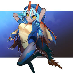 Rule 34 | 1girl, arms behind head, arms up, black sclera, blue hair, blush, bodysuit, breasts, colored sclera, colored skin, cropped legs, dark skin, highres, horns, lagiacrus, long hair, looking at viewer, medium breasts, monster hunter (series), multicolored clothes, multicolored hair, multicolored headwear, multicolored skin, orange hair, orange horns, personification, smile, solo, standing, tail, teeth, two-tone bodysuit, two-tone hair, two-tone skin, user ttug5452, yellow eyes