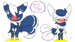 Rule 34 | 1boy, 1girl, animal ears, between legs, blue hair, blue sclera, blush, colored sclera, creatures (company), crying, drooling, embarrassed, full body, furry, game freak, gen 6 pokemon, green eyes, half-closed eyes, hand between legs, heart, knees together feet apart, meowstic, meowstic (female), meowstic (male), multiple tails, nintendo, open mouth, own hands together, peeing, peeing self, pokemon, pokemon (creature), pokemon xy, puddle, red eyes, seiya mesu, sexual dimorphism, simple background, smile, speech bubble, spoken heart, standing, steam, sweat, tail, tears, trembling, two tails, v arms, wavy mouth, white background, white hair, yellow sclera