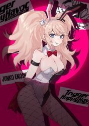 Rule 34 | 1girl, animal ears, arms behind back, bare shoulders, bear hair ornament, blonde hair, bow, bowtie, breasts, character name, cleavage, clothing cutout, copyright name, danganronpa: trigger happy havoc, danganronpa (series), detached collar, drooling, enoshima junko, fake animal ears, fishnet pantyhose, fishnets, hair ornament, highres, hy (fjvlg), leotard, navel, navel cutout, pantyhose, pink background, playboy bunny, rabbit ears, red bow, red bowtie, smile, solo, teeth, twintails