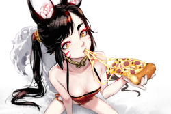 Rule 34 | 1girl, animal ear fluff, animal ears, asymmetrical bangs, black hair, breasts, cheese trail, chinese clothes, choker, cleavage, commentary, downblouse, dudou, eating, english commentary, eyeshadow, facial mark, food, fox ears, fox tail, from above, holding, holding food, holding pizza, hu-er (robot cat), long hair, looking down, makeup, original, pizza, red eyeshadow, robot cat (robotcatart), shorts, sitting, small breasts, solo, tail, thick eyebrows, twintails, whisker markings, white shorts, yellow eyes
